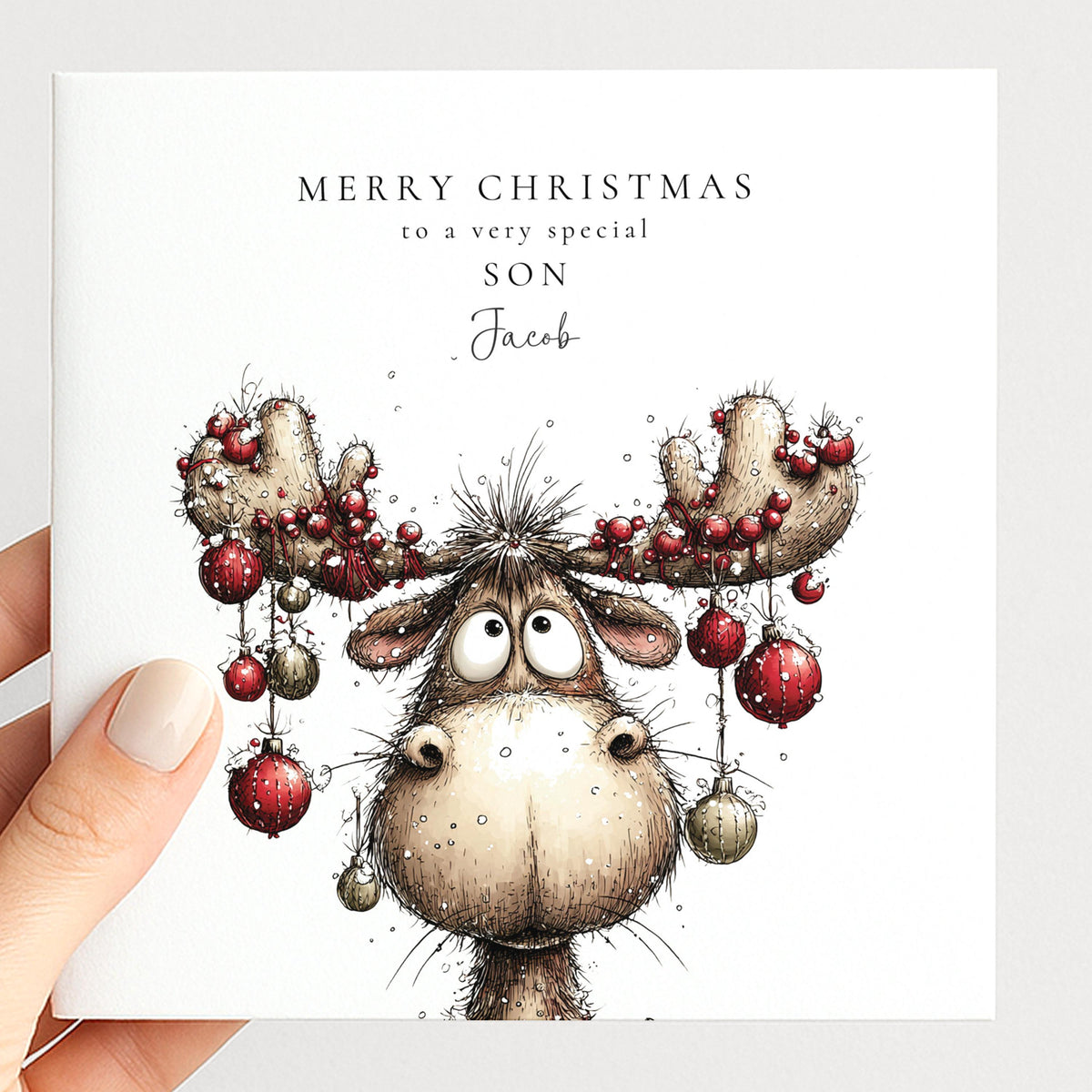 Funny Christmas Card for Son , Comical Moose with Bauble Antlers , Custom Name Card