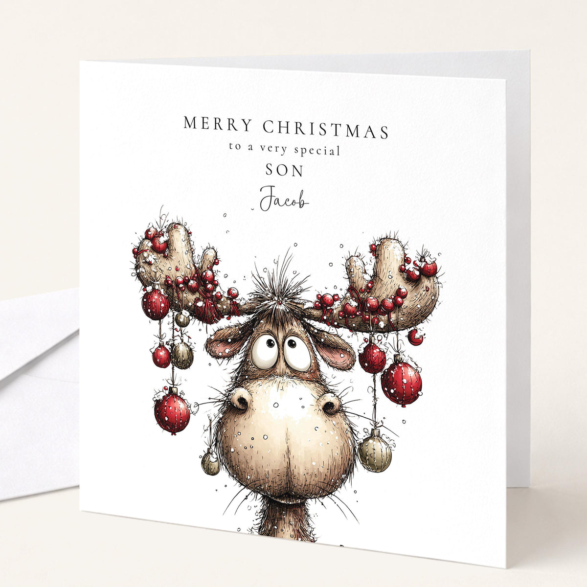 Funny Christmas Card for Son , Comical Moose with Bauble Antlers , Custom Name Card