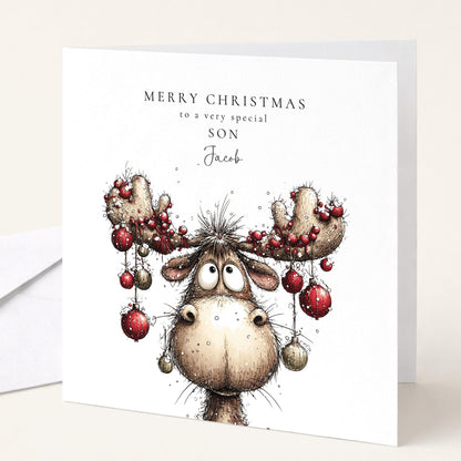 Funny Christmas Card for Son , Comical Moose with Bauble Antlers , Custom Name Card