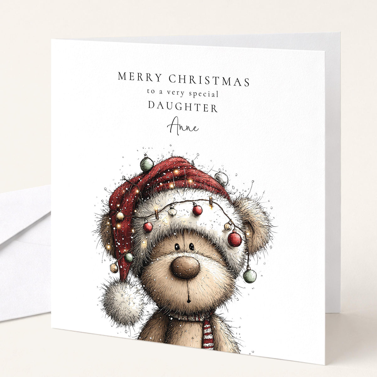 Personalised Christmas Card for Daughter , Cute Teddy Bear in Santa Hat with Fairy Lights , Custom Name Card