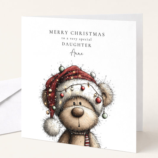 Personalised Christmas Card for Daughter , Cute Teddy Bear in Santa Hat with Fairy Lights , Custom Name Card