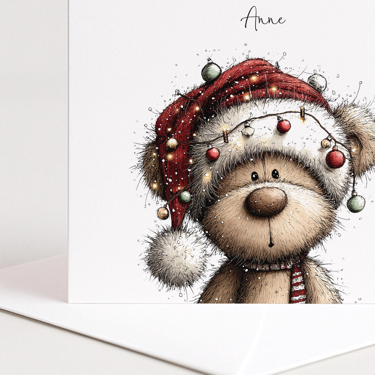 Personalised Christmas Card for Daughter , Cute Teddy Bear in Santa Hat with Fairy Lights , Custom Name Card