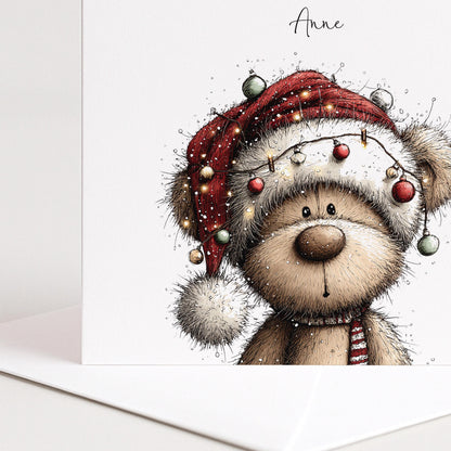 Personalised Christmas Card for Daughter , Cute Teddy Bear in Santa Hat with Fairy Lights , Custom Name Card