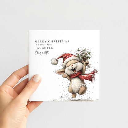 Personalised Christmas Card for Daughter , Joyful Bunny with Holly Bouquet , Custom Name Card
