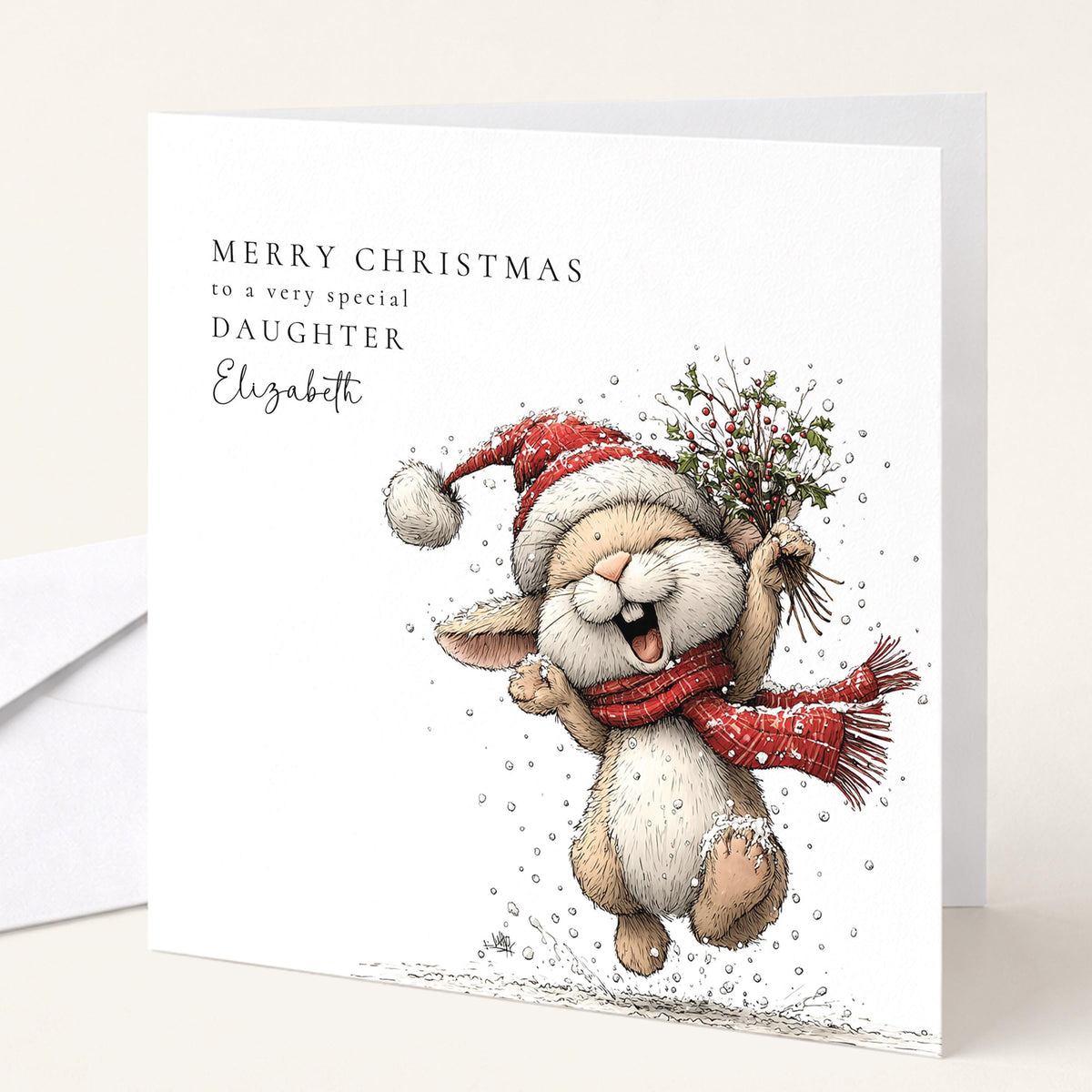 Personalised Christmas Card for Daughter , Joyful Bunny with Holly Bouquet , Custom Name Card