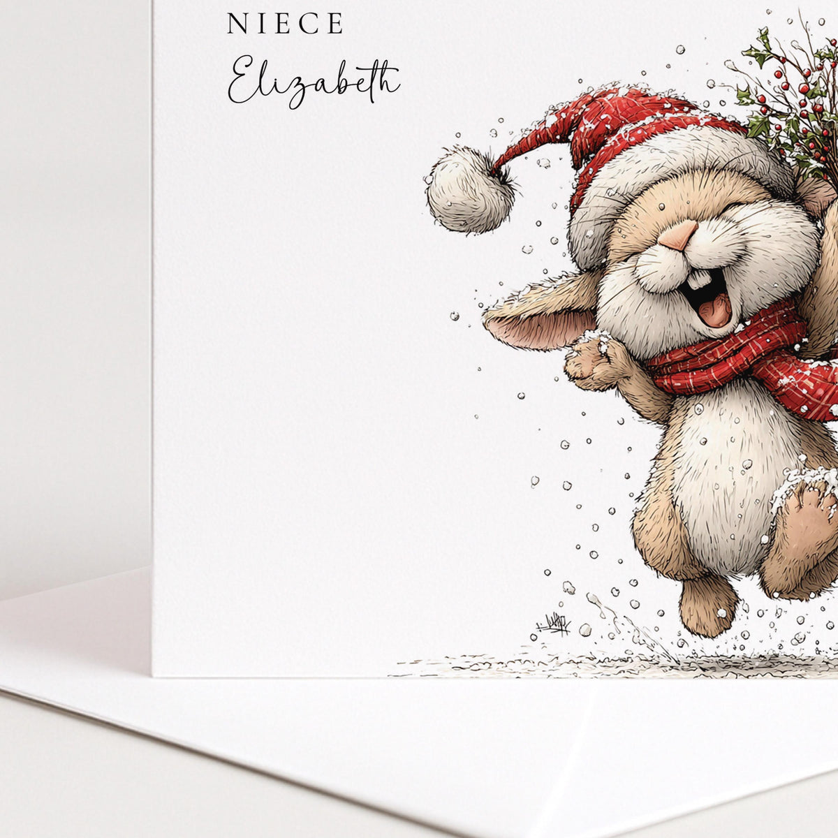 Personalised Christmas Card for Niece , Joyful Bunny with Holly Bouquet , Custom Name Card