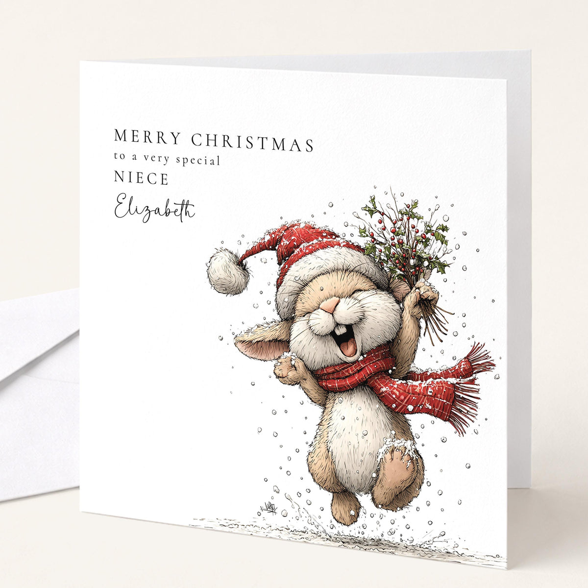 Personalised Christmas Card for Niece , Joyful Bunny with Holly Bouquet , Custom Name Card