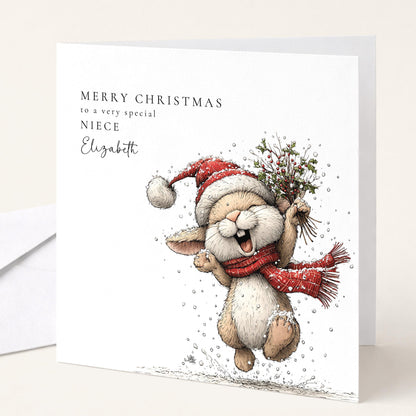 Personalised Christmas Card for Niece , Joyful Bunny with Holly Bouquet , Custom Name Card