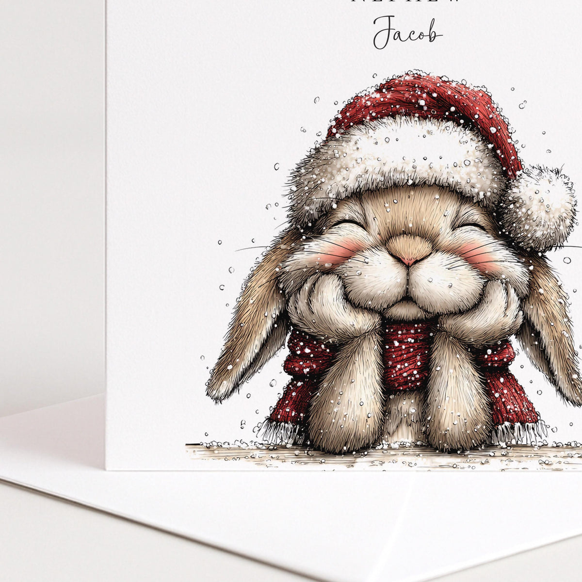 Personalised Christmas Card for Nephew , Cosy Bunny in Santa Hat , Custom Name Card