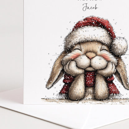 Personalised Christmas Card for Granddaughter , Cute Bunny with Fairy Lights , Custom Name Card