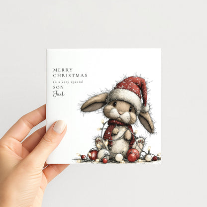 Personalised Christmas Card for Son , Cute Bunny with Fairy Lights , Custom Name Card