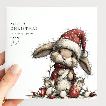 Personalised Christmas Card for Son , Cute Bunny with Fairy Lights , Custom Name Card