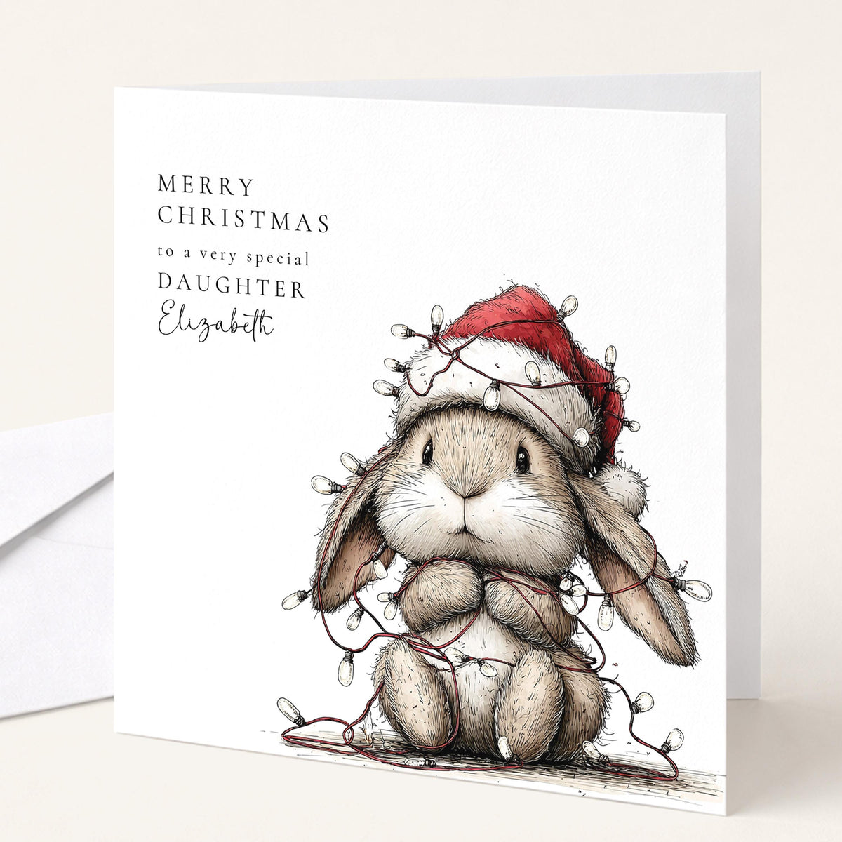 Funny Christmas Card for Daughter , Bunny Tangled in Fairy Lights , Custom Name Card