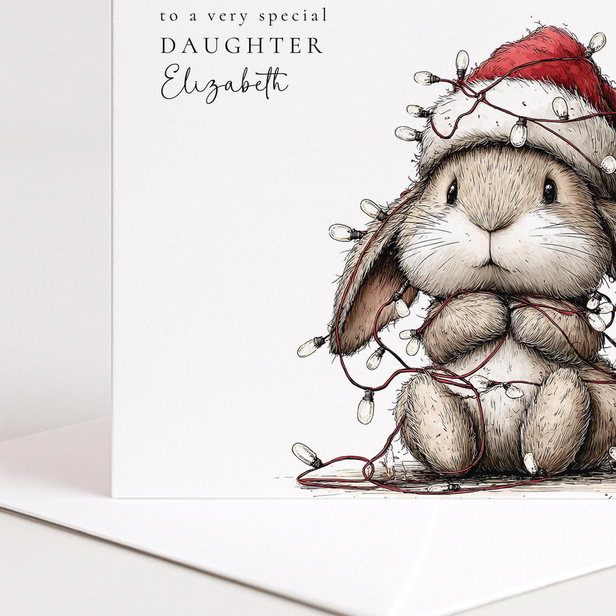 Funny Christmas Card for Daughter , Bunny Tangled in Fairy Lights , Custom Name Card