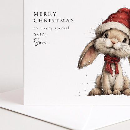 Personalised Christmas Card for Son , Cute Bunny in Santa Hat , Custom Name Card