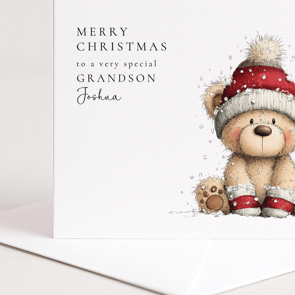 Personalised Christmas Card for Grandson , Cute Teddy Bear in Snow , Custom Name Card