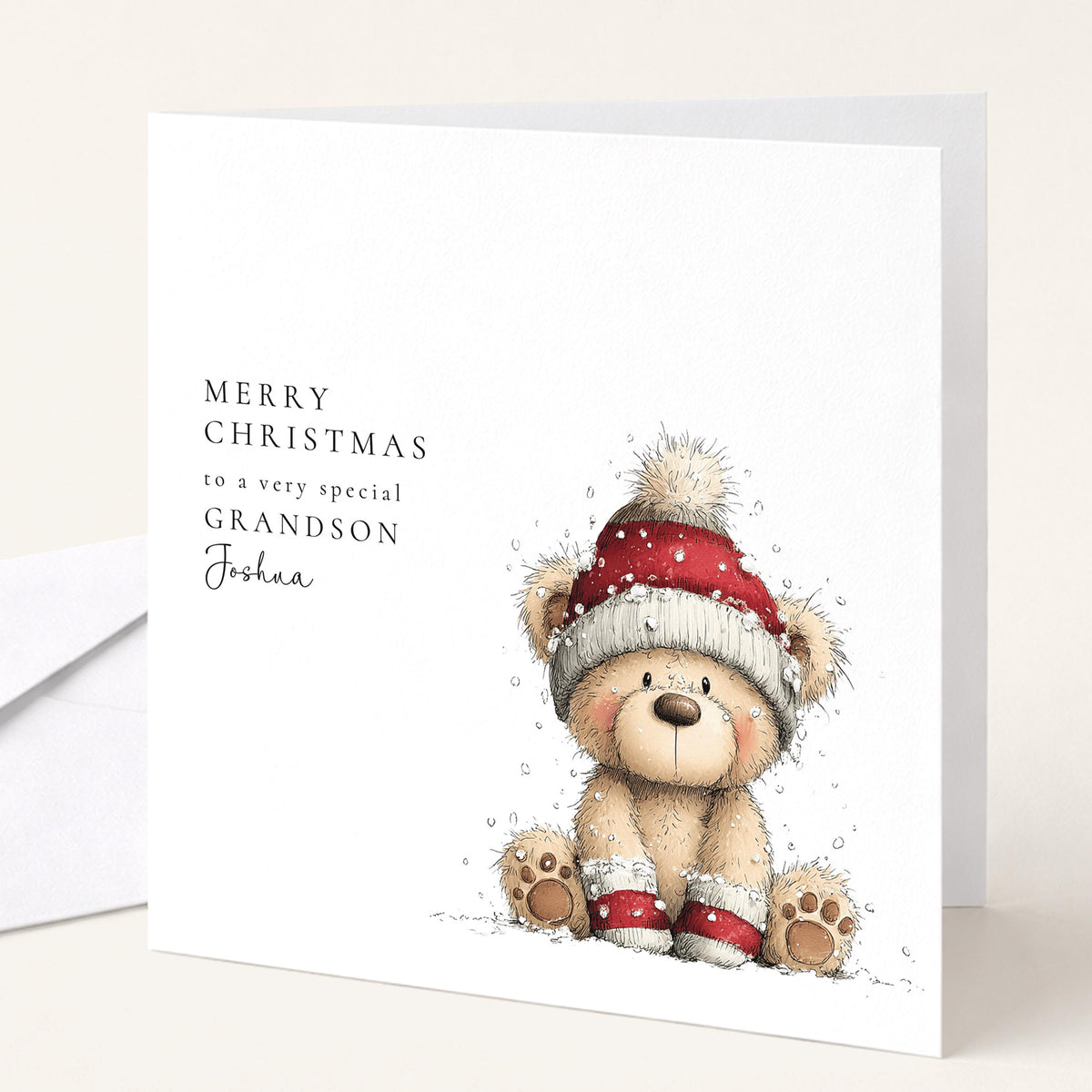 Personalised Christmas Card for Grandson , Cute Teddy Bear in Snow , Custom Name Card