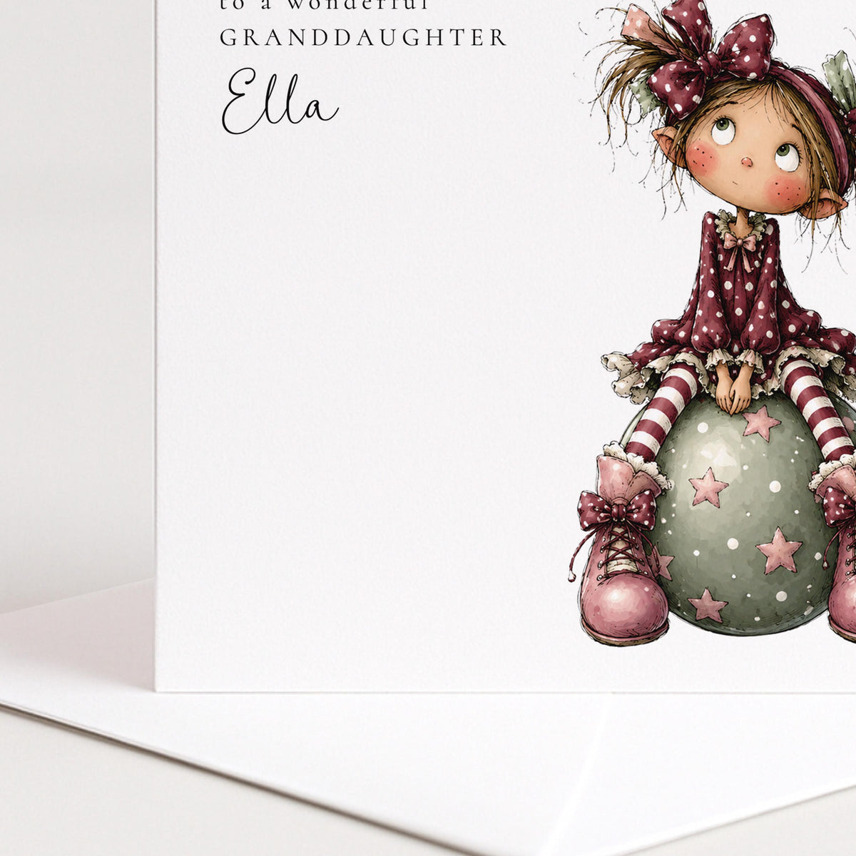 Personalised Christmas Card for Granddaughter , Whimsical Elf Girl on Bauble , Custom Name Card