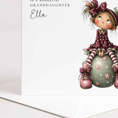 Personalised Christmas Card for Granddaughter , Whimsical Elf Girl on Bauble , Custom Name Card