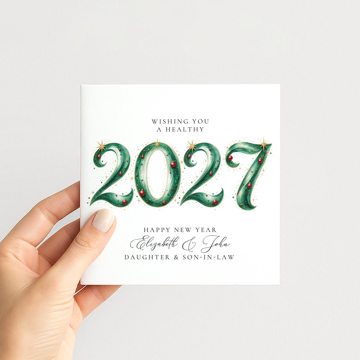 Personalised New Year Card Daughter Son-in-Law 2027 Bauble Design