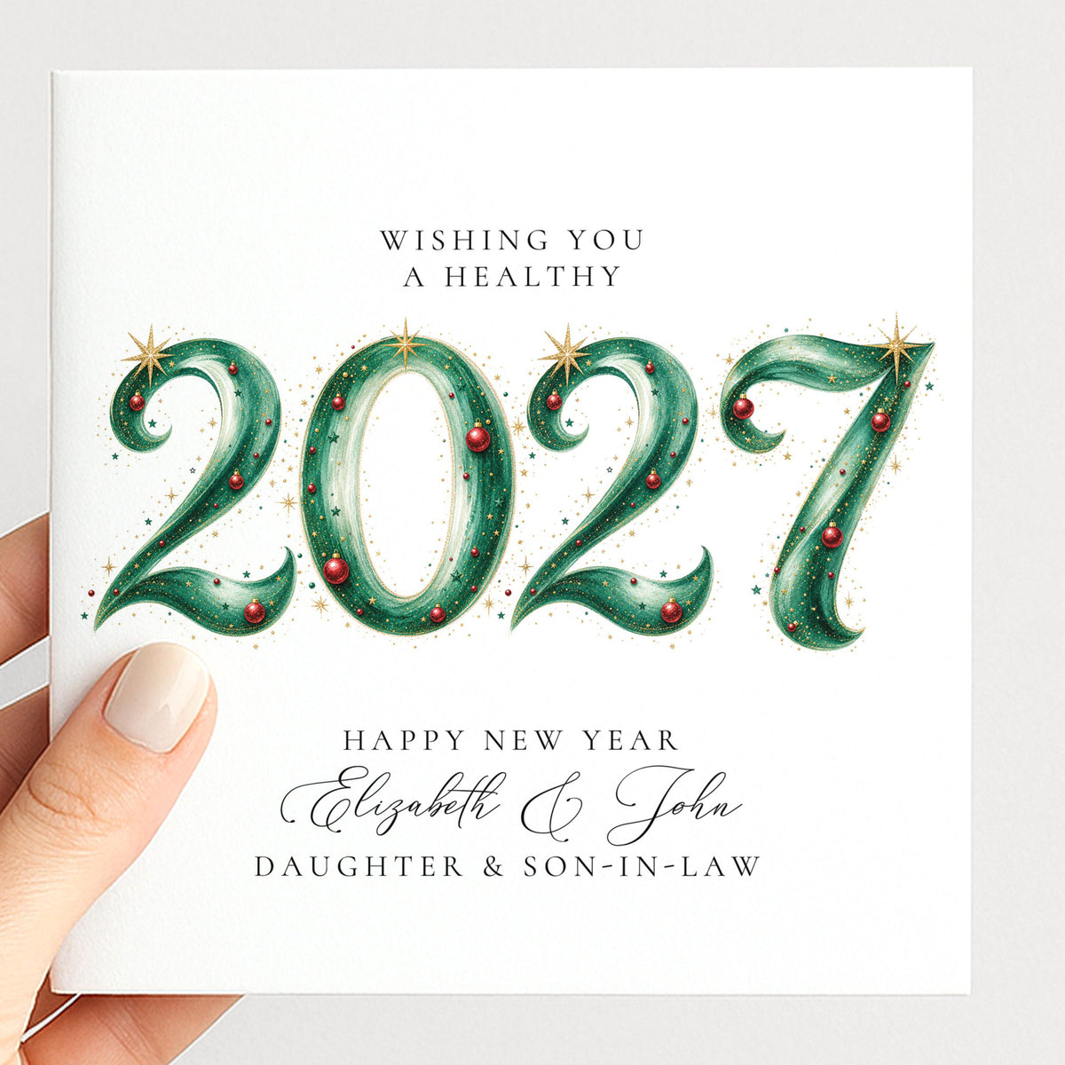 Personalised New Year Card Daughter Son-in-Law 2027 Bauble Design