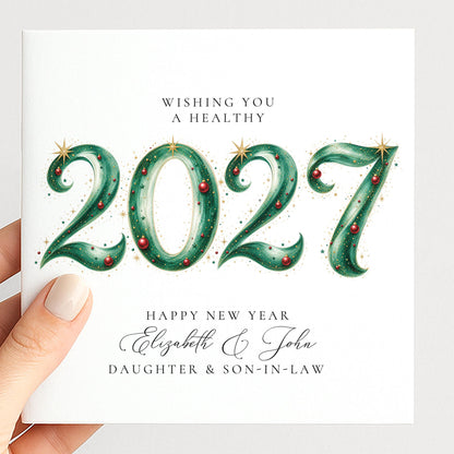 Personalised New Year Card Daughter Son-in-Law 2027 Bauble Design