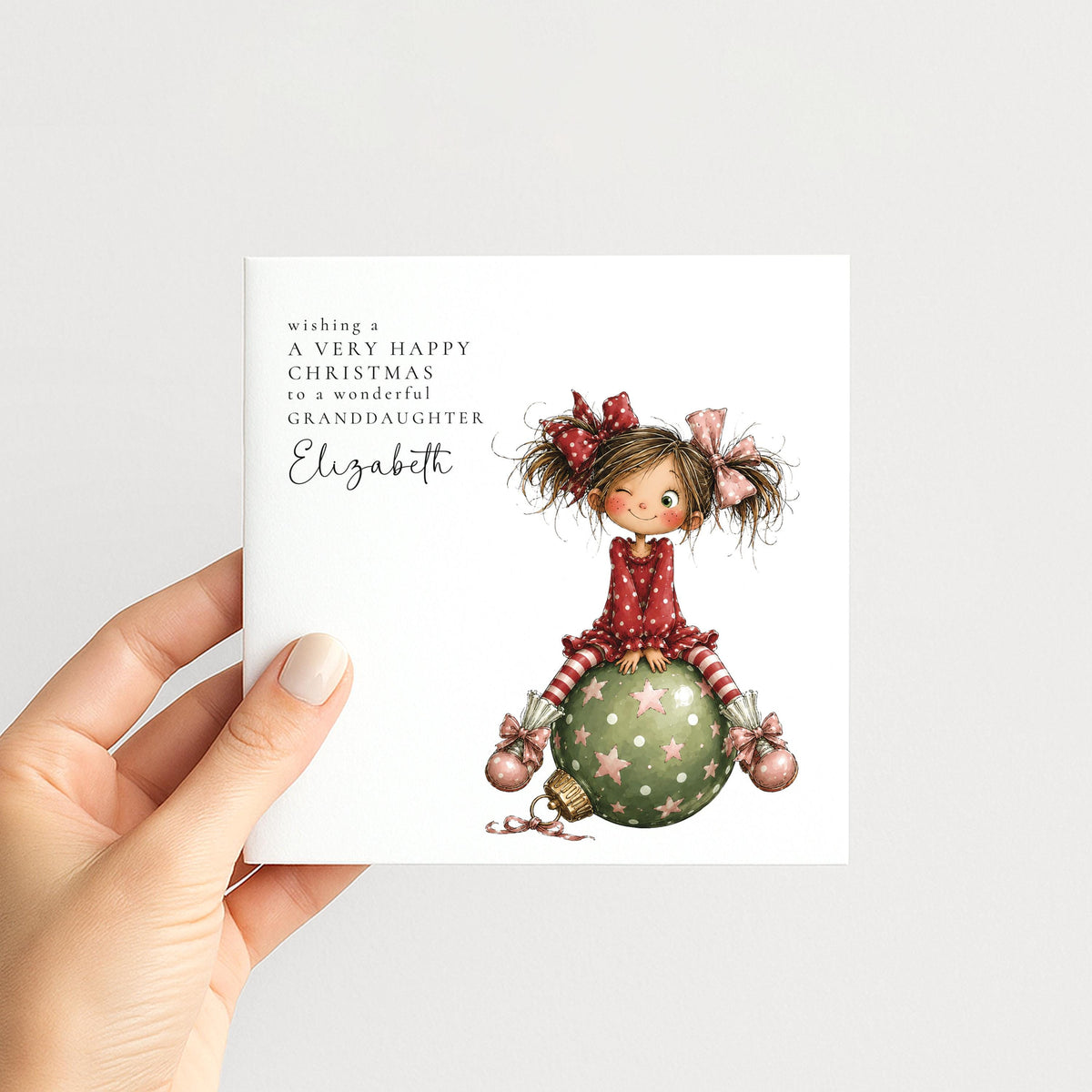Personalised Christmas Card Granddaughter Cute Girl Bauble Design