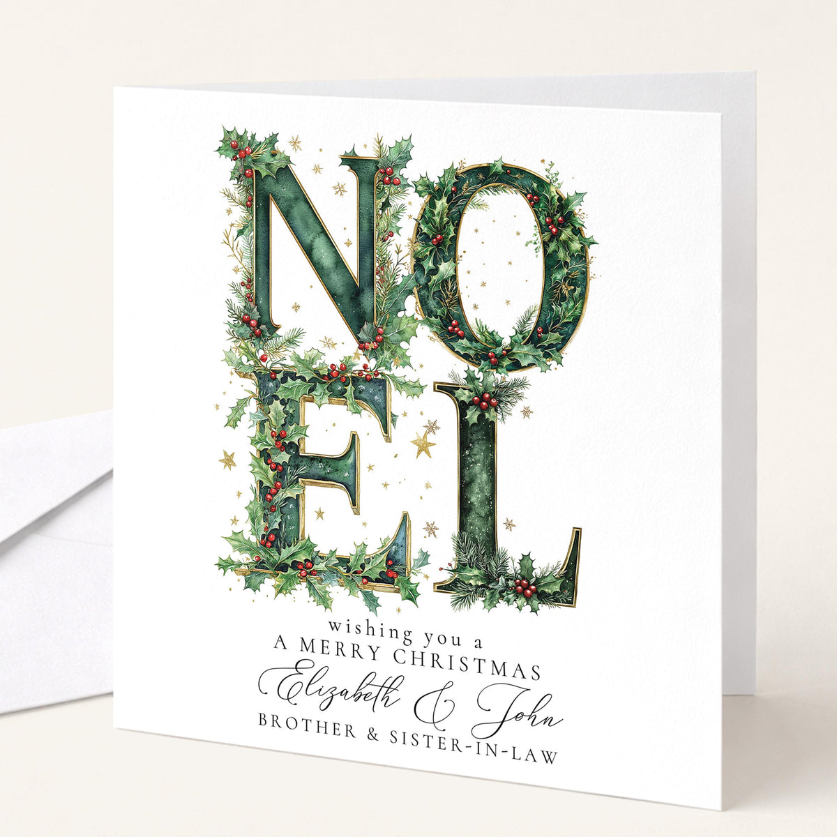 Personalised Noel Christmas Card Brother Sister-in-Law Holly Green