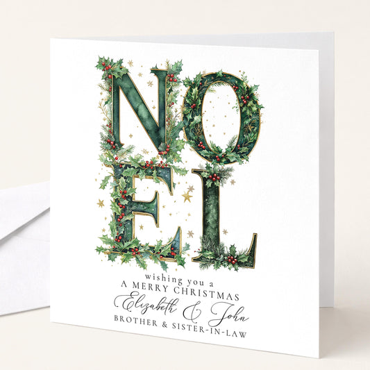 Personalised Noel Christmas Card Brother Sister-in-Law Holly Green