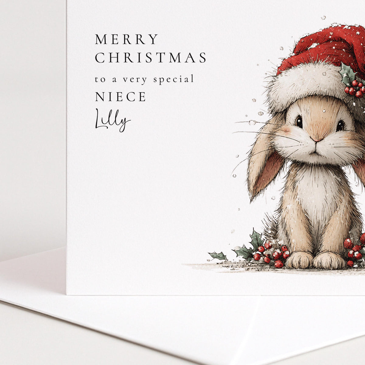 Personalised Christmas Card for Niece , Cute Bunny in Santa Hat , Custom Name Card