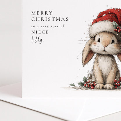 Personalised Christmas Card for Niece , Cute Bunny in Santa Hat , Custom Name Card