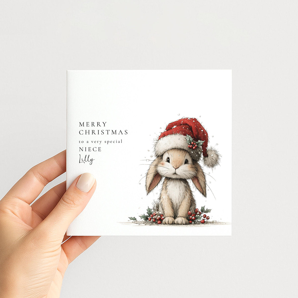 Personalised Christmas Card for Niece , Cute Bunny in Santa Hat , Custom Name Card