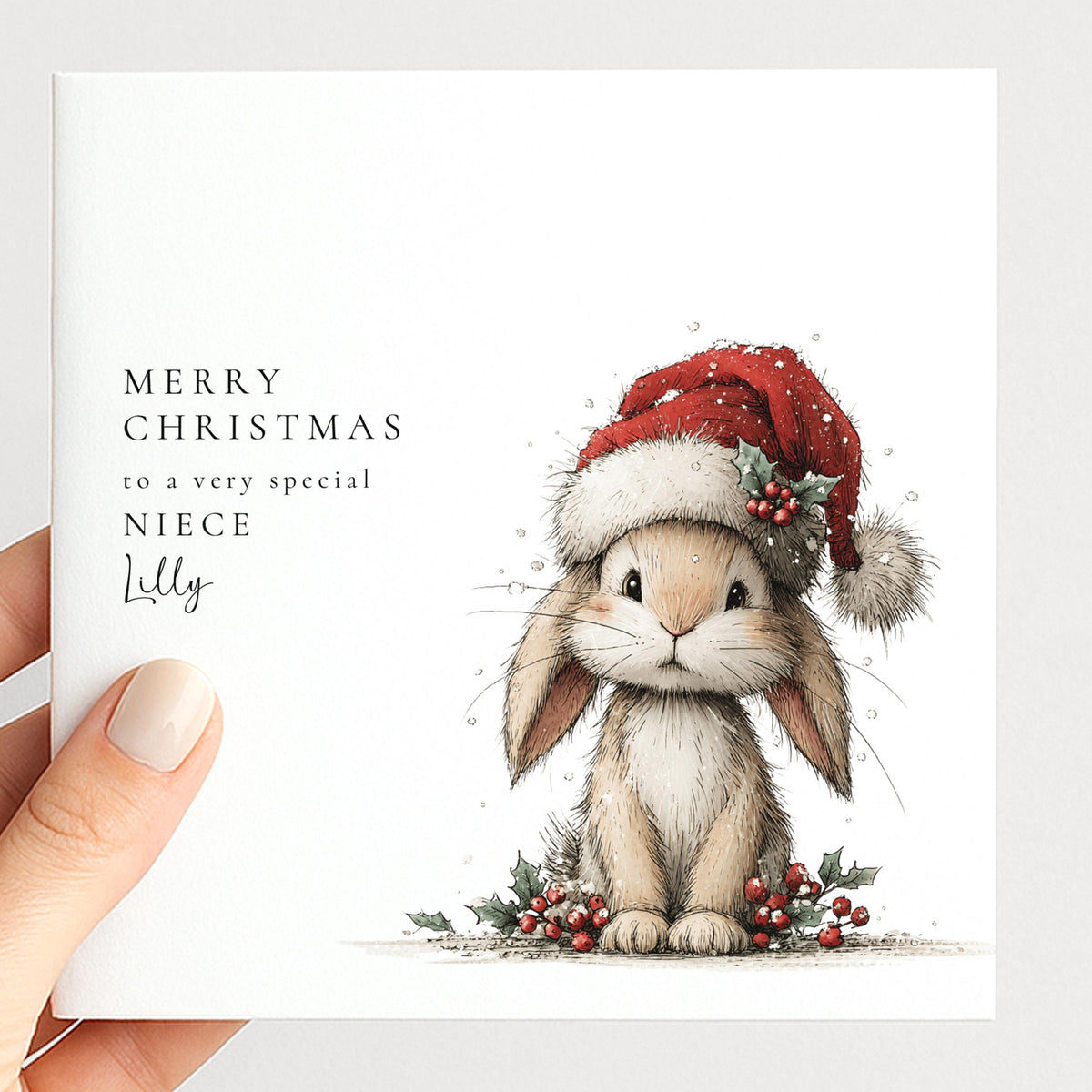 Personalised Christmas Card for Niece , Cute Bunny in Santa Hat , Custom Name Card