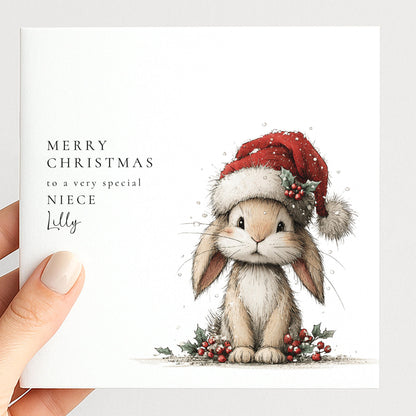 Personalised Christmas Card for Niece , Cute Bunny in Santa Hat , Custom Name Card