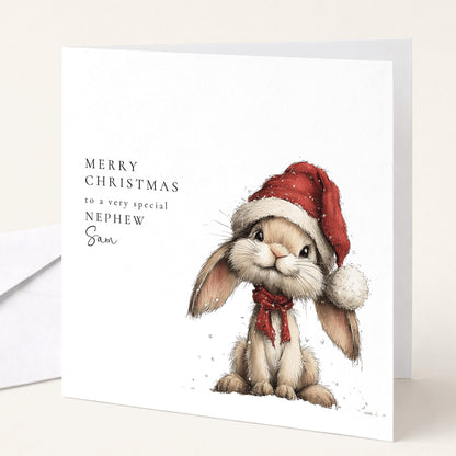 Personalised Christmas Card for Nephew , Cute Bunny in Santa Hat , Custom Name Card