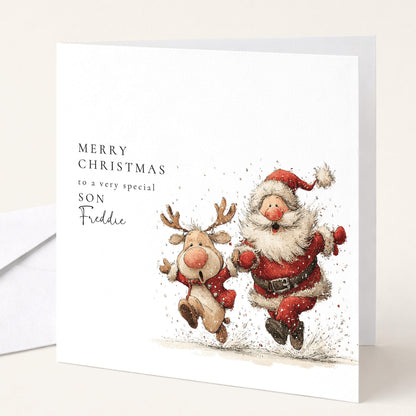 Personalised Christmas Card for Son , Funny Santa and Reindeer Illustration , Custom Name Card