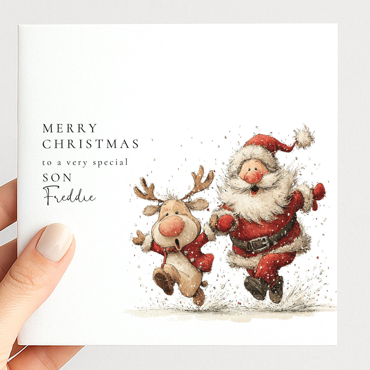 Personalised Christmas Card for Son , Funny Santa and Reindeer Illustration , Custom Name Card