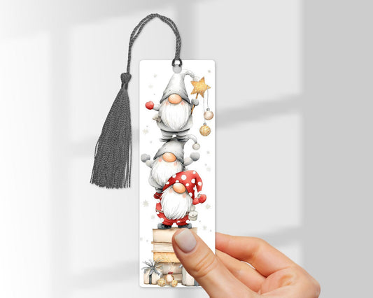 Christmas Bookmark, Cute Stacked Gnomes on Books, Wooden Bookmark with Tassel, Book Lover Gift