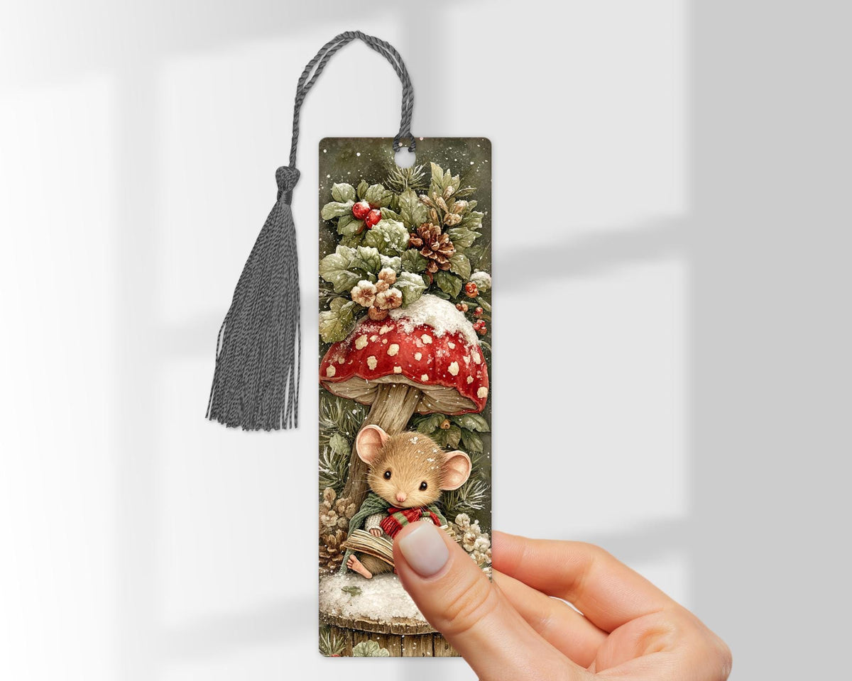 Christmas Bookmark, Cosy Mouse Reading Under a Toadstool, Wooden Bookmark with Tassel, Book Lover Gift