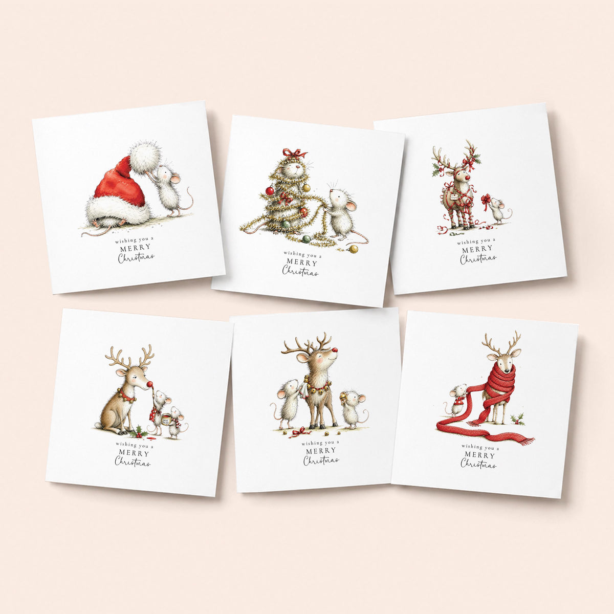 Christmas Card Pack of 6 | Cute Mouse & Reindeer Designs | Assorted Christmas Cards | No Personalisation