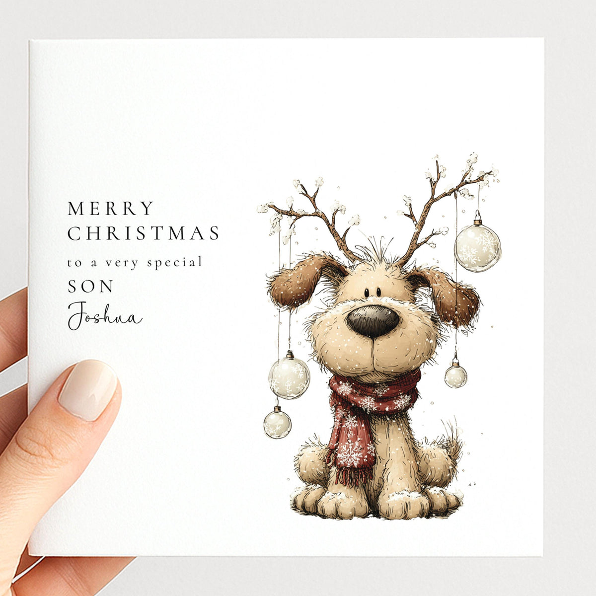 Personalised Christmas Card for Son , Cute Dog with Bauble Antlers , Custom Name Card