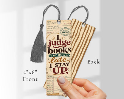 Book Lover Bookmark, 'I Judge Books By How Late I Stay Up', Vintage Library Card Wooden Bookmark, Reader Gift