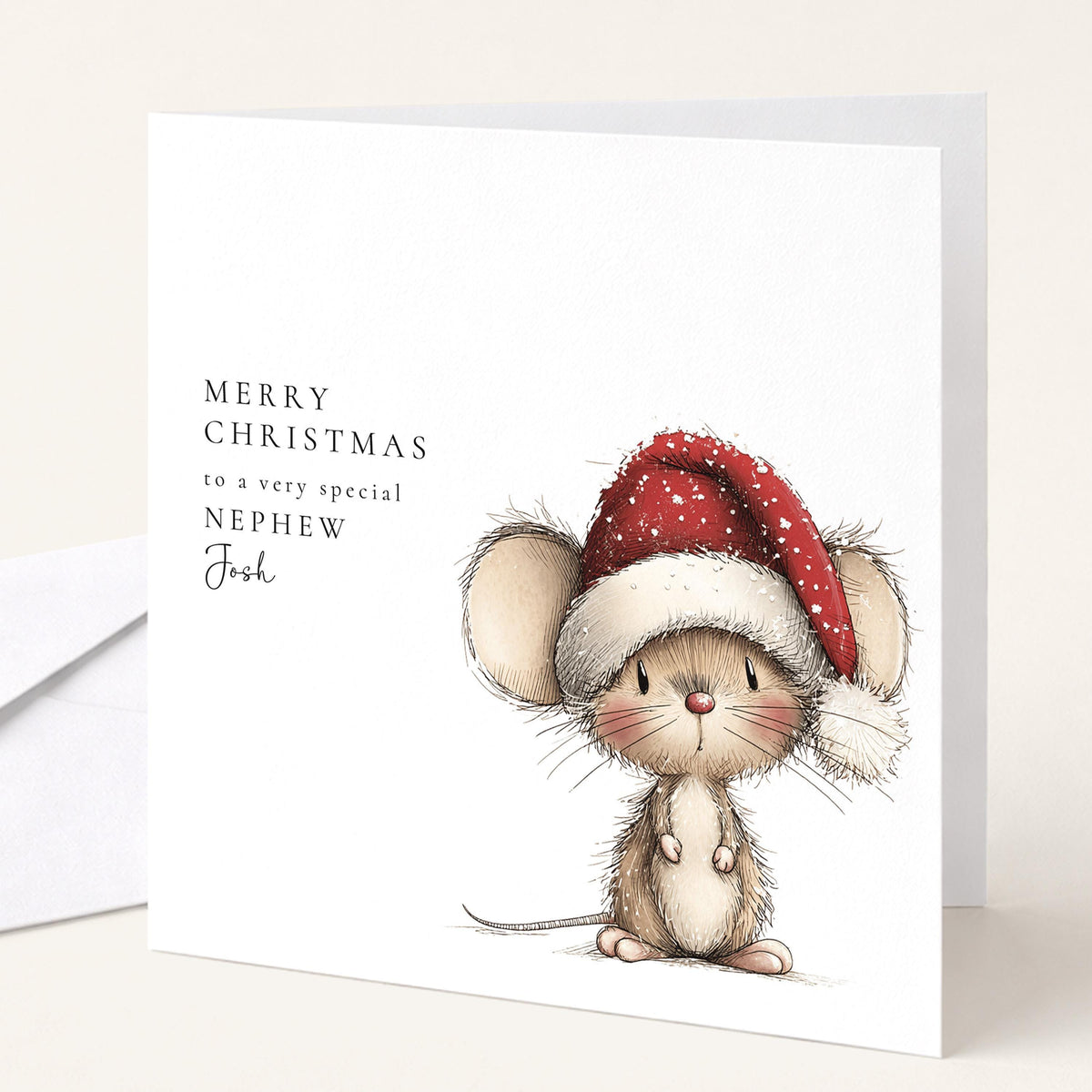 Personalised Christmas Card for Nephew , Cute Mouse in Santa Hat , Custom Name Card