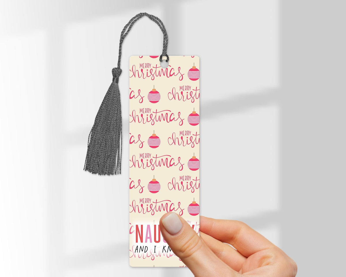 Funny Christmas Bookmark, 'Naughty and I Know It', Pink Wooden Bookmark with Tassel , Stocking Filler