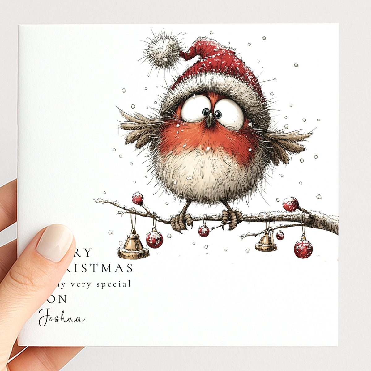 Personalised Christmas Card for Son , Comical Robin in Santa Hat , Custom Name Card