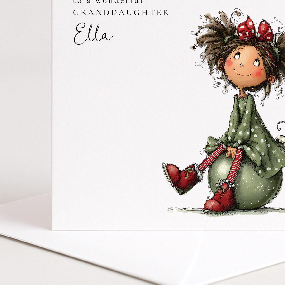 Personalised Christmas Card for Granddaughter , Whimsical Curly-Haired Elf Girl , Custom Name Card