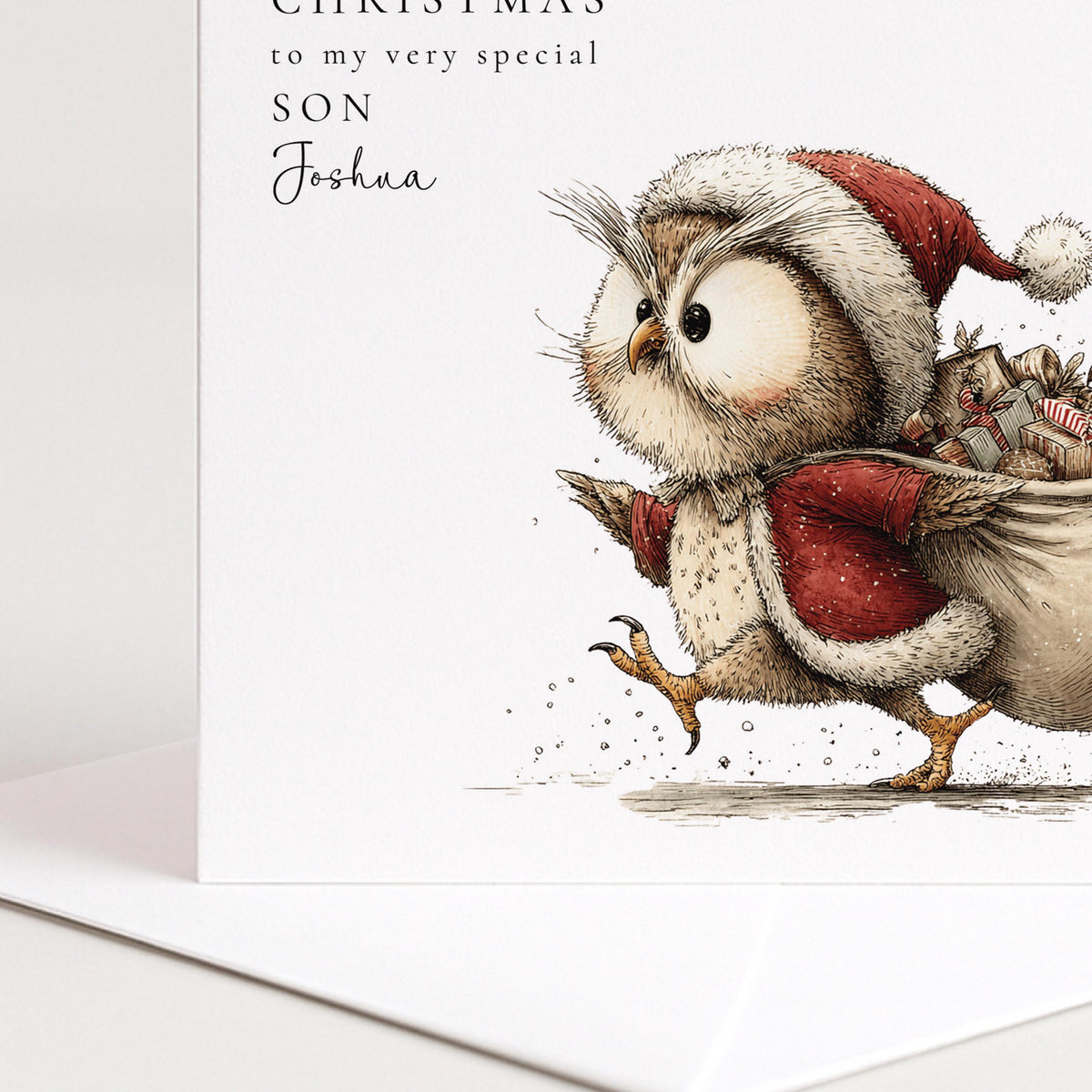 Personalised Christmas Card for Son , Owl Santa with Gift Sack , Custom Name Card