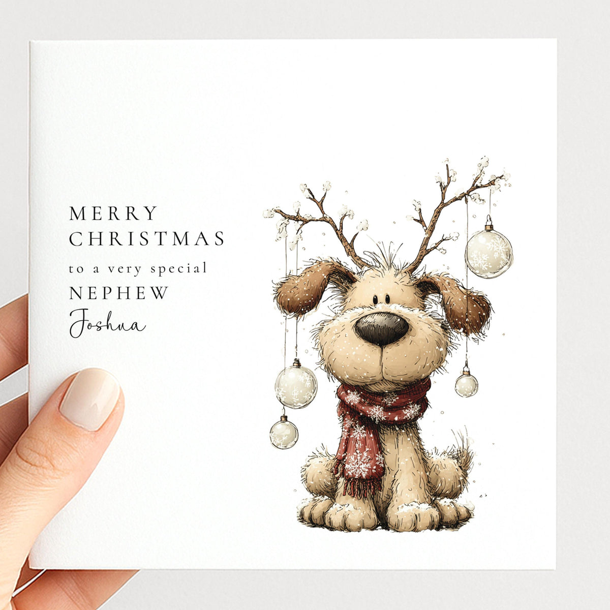 Personalised Christmas Card for Nephew , Cute Dog with Bauble Antlers , Custom Name Card