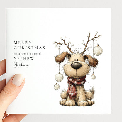 Personalised Christmas Card for Nephew , Cute Dog with Bauble Antlers , Custom Name Card