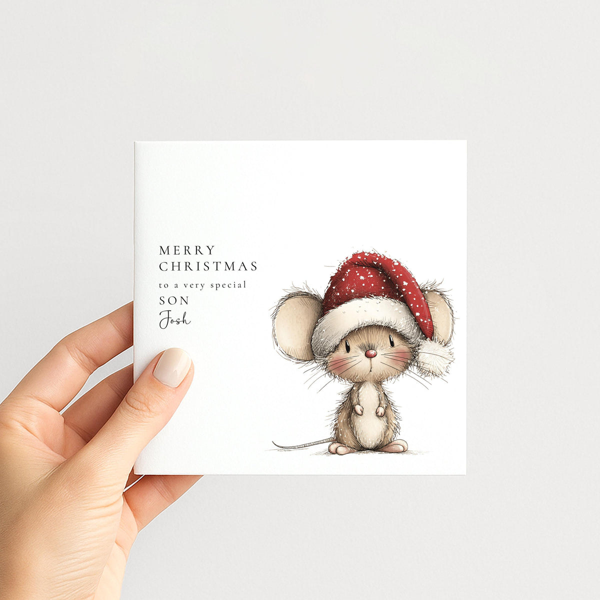Personalised Christmas Card for Son , Cute Mouse in Santa Hat , Custom Name Card